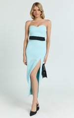 Veronica Midi Dress - Sweetheart Strapless Bow Detail High Split Dress in Blue & Black