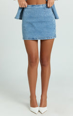 Paige Mini Skirt - High Waisted Denim Skirt in Mid Blue Wash