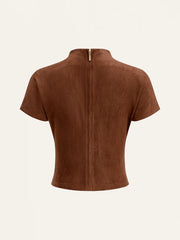 Suede Effect Back Zip Ruched Short-Sleeve Top