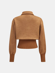 Cinched Waist Button-Front Suede Effect Shirt