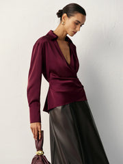 Wrap V-Neck Satin Shirt