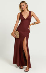 Adalita Midi Linen Dress - V Neck Cowl Back Bias Cut Dress in Chocolate