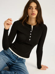 Contrast Trim Cotton Blend Long Sleeve Top