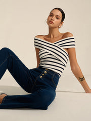 Striped Off-Shoulder Cross Knit Top