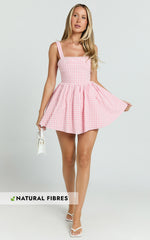 Caitlin Mini Dress - Gingham Square Neck Fit And Flare Dress in Pink
