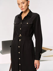 Metal Button-Front Belted Shirt Dress