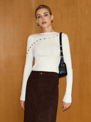 Metal Detail Asymmetric Cut-Out Wool Blend Top