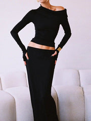 Matte Jersey One Shoulder Off Maxi Skirt Set