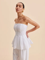 Cotton Pleated Strapless Peplum Top