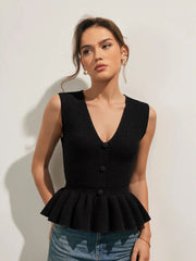 Button V-Neck Knit Peplum Vest