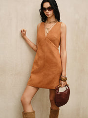 Suede Effect V-Neck Sleeveless Mini Dress