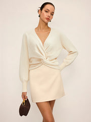 Twist V-Neck Leg-Of Mutton Sleeve Sweater