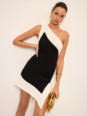 Color Block One-Shoulder Knit Dress