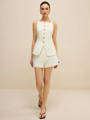 Pocketed Tweed Metal Button Shorts Set