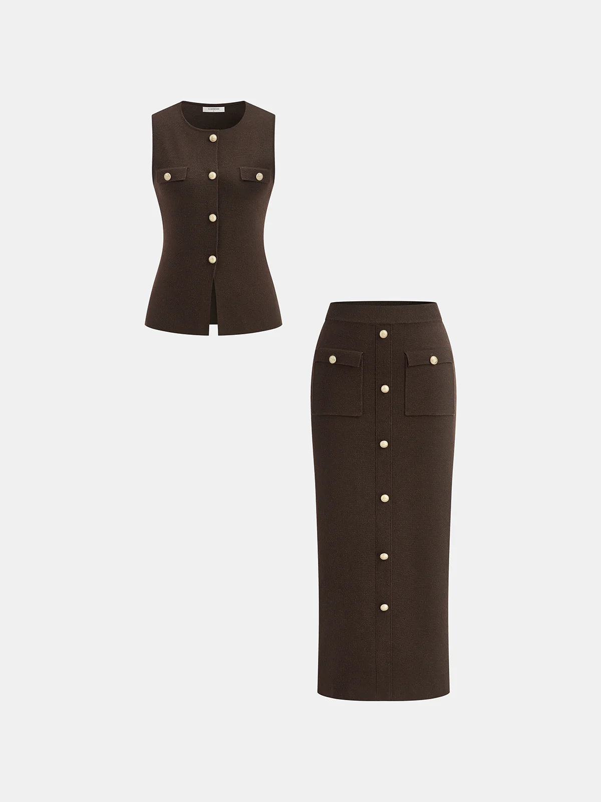 Wool Blend Metal Button Vest and Skirt Set