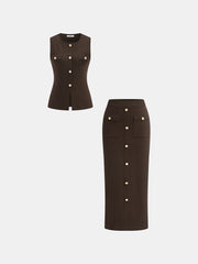 Wool Blend Metal Button Vest and Skirt Set