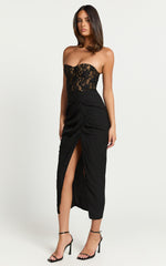 Janet Midi Dress - Strapless Sweetheart Draped Skirt Dress in Black