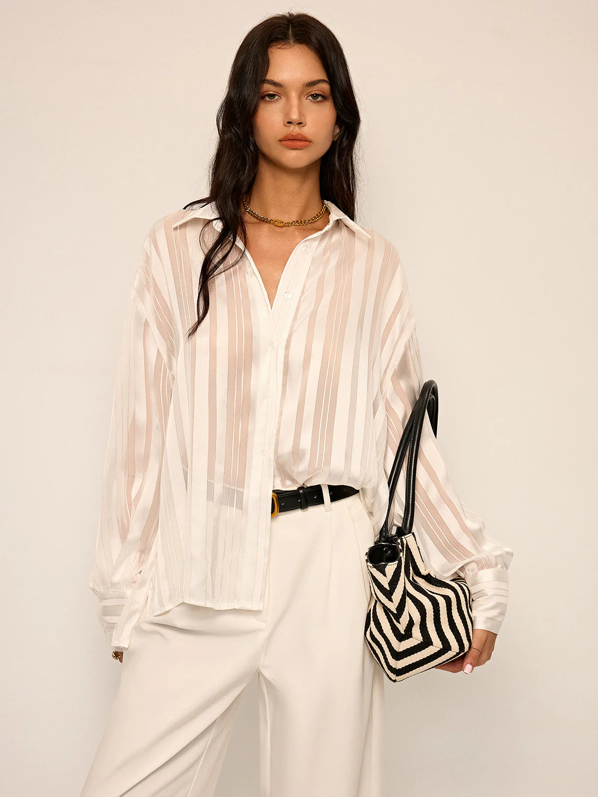 Sheer Striped Long-Sleeve Shirt