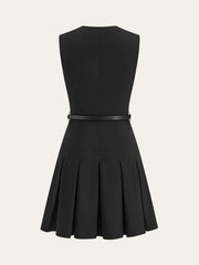 Sleeveless Keyhole-Neck Belted Pleated Mini Dress