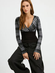 Plaid Paneled Slim-Fit Knit Long Sleeve Blouse