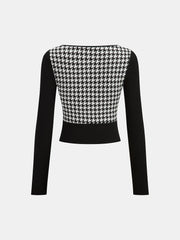 Houndstooth Paneled Cropped Knit Blouse