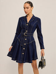 Metal Button Belted Denim Flare Mini Dress
