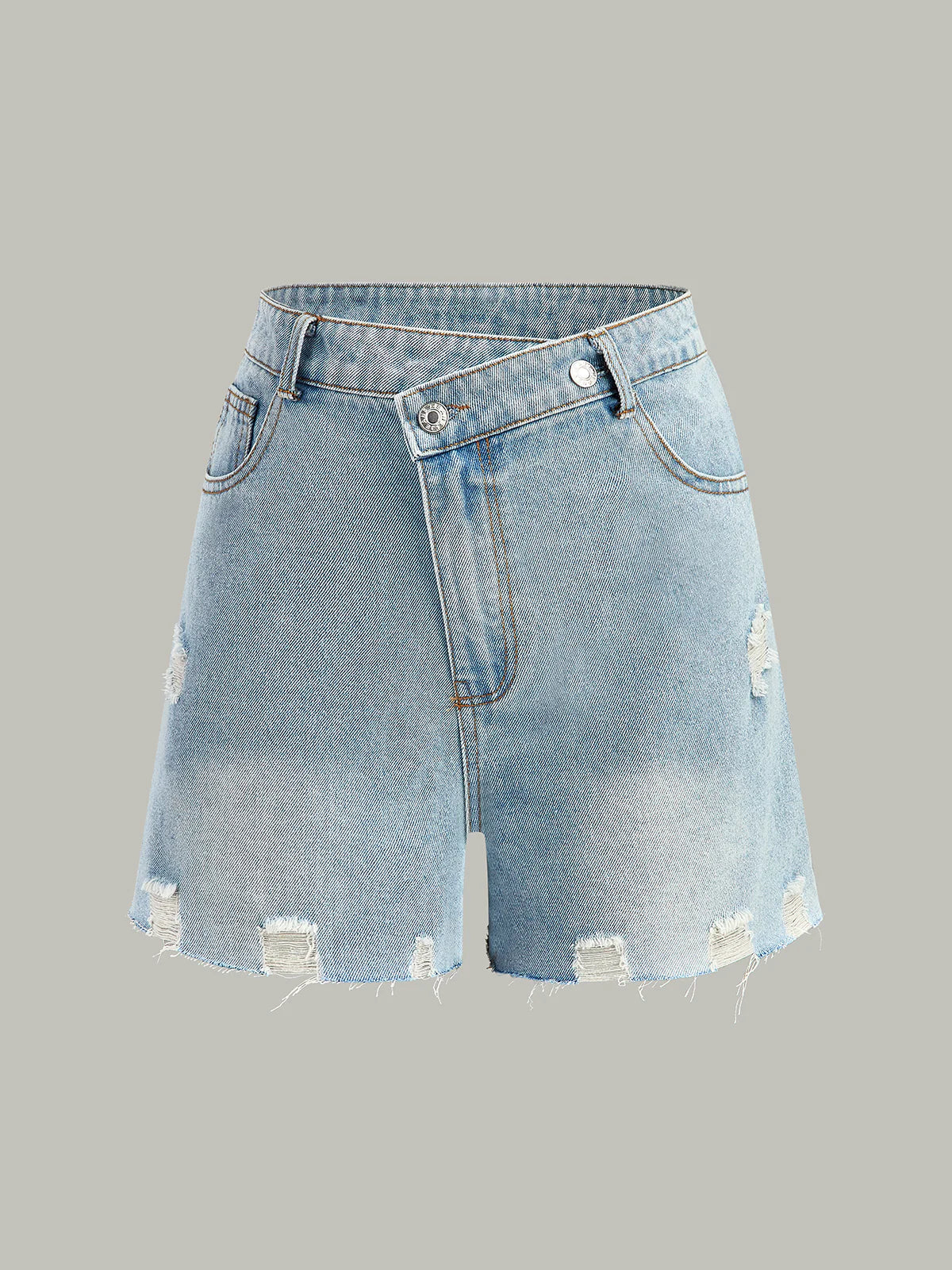 Asymmetric Waist Distressed Denim Shorts