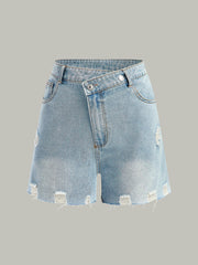 Asymmetric Waist Distressed Denim Shorts