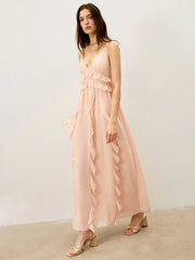 Semi-Sheer Chiffon Ruffle Trim Maxi Dress