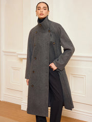 Belted Double-Breasted Tweed Long Coat