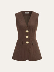 V-Neck Striped Metal Button Tank Top