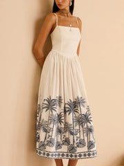 Semi-Sheer Tropical Palm Print Tie-Back Maxi Dress