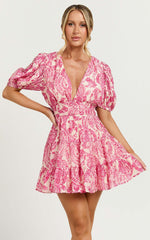 Adea Mini Dress - Plunge Puff Sleeve Tiered Dress in Pink Floral