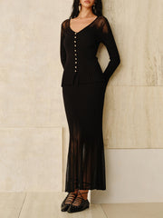 Mesh Hem Ribbed Knit Mermaid Skirt