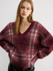 Plaid V-Neck Wool-Blend Sweater