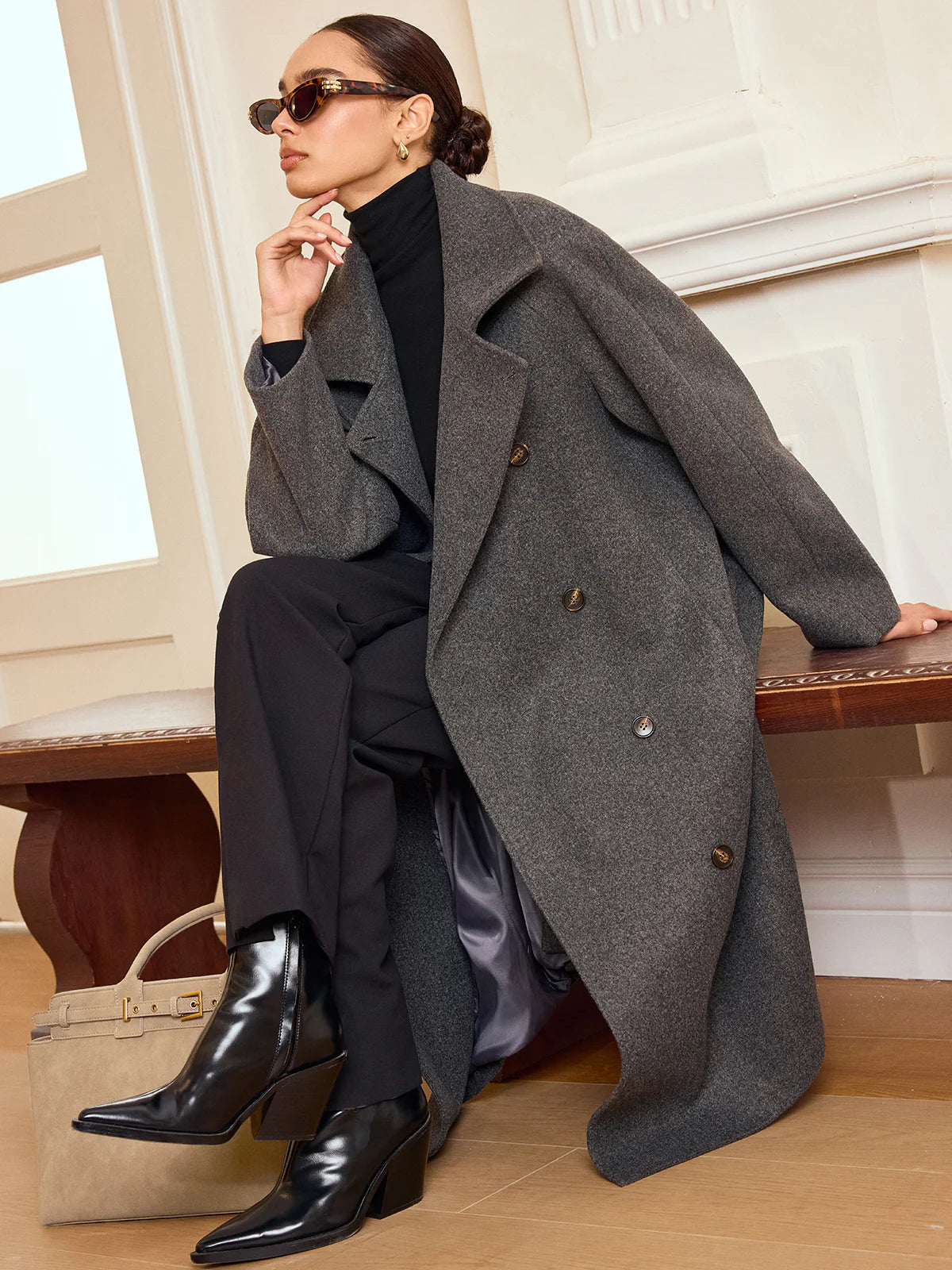 Belted Double-Breasted Tweed Long Coat