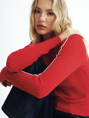 Contrast Trim Wool-Blend Ribbed Knit Sweater