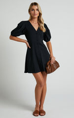 Rochelle Mini Dress - V Neck Button Through Dress in Black