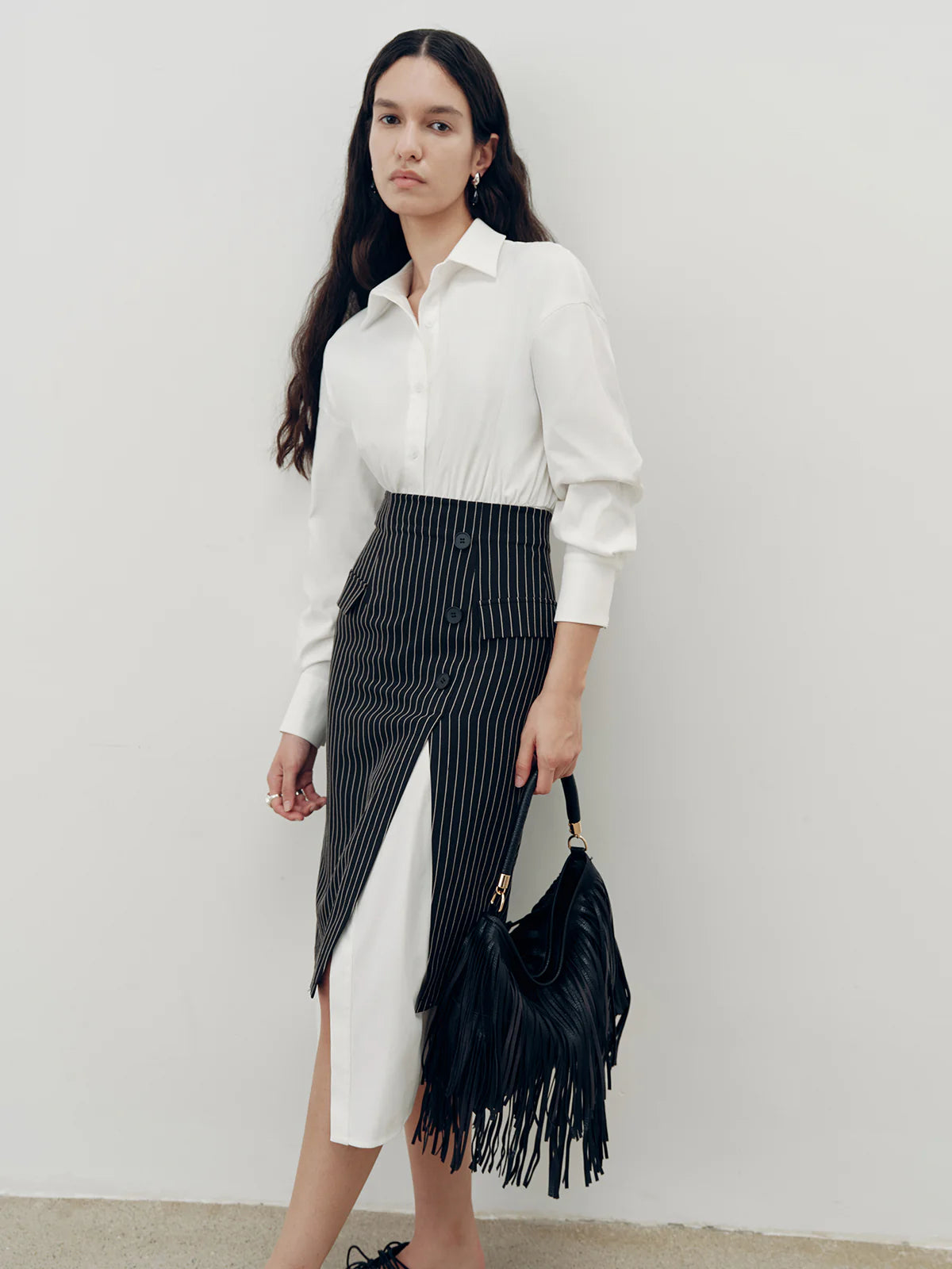 Shirt Dress and Pinstripe Slit Skirt Two-Piece Set