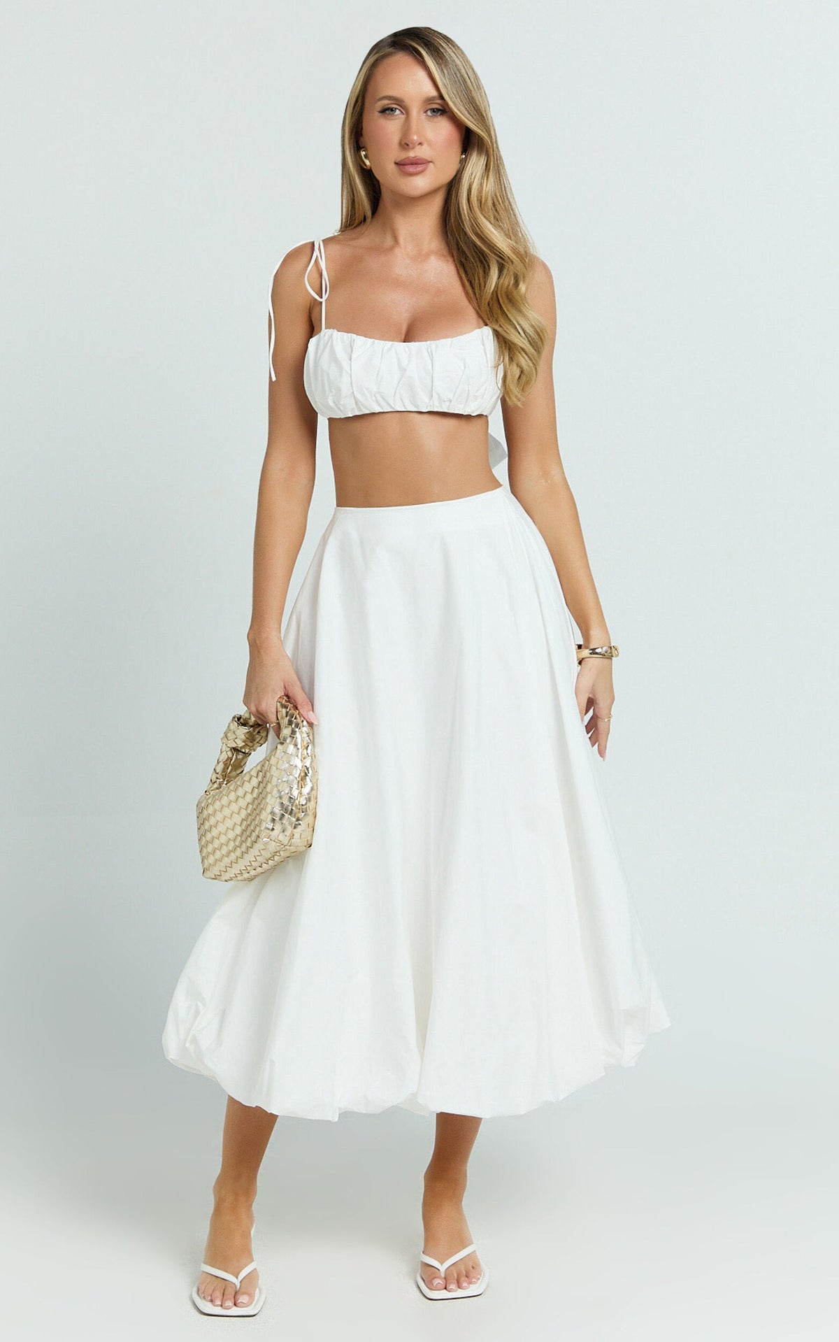 Sanders Two Piece Set - Ruche Strappy Square Neck Top And Bubble Hem Skirt in Off White