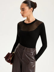 Sheer Panel Ribbed Knit Top