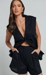 Marlee Two Piece Set - Linen Button Through Vest and Shorts Set in Black