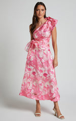 Adelia Midi Dress - One Shoulder Tie Side Cut Out Ribbon Detail Dress in Print