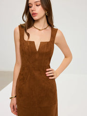 Suede Effect Low-Neck Sleeveless Maxi Dress