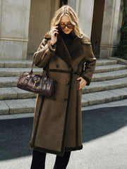 Double-Breasted Fleece Lined Faux Leather Longline Coat