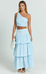 Kaycie Two Piece Set - One Shoulder Asymmetrical Ruched Top and Tiered Midi Skirt Set in Pale Blue