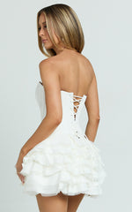 Shirley Mini Dress - Plunge Tulle Skirt Dress in Off White