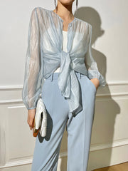 Semi-Sheer Through Long Sleeve Button Blouse