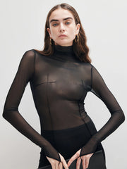 Mock Neck Sheer Mesh Thin T-Shirt