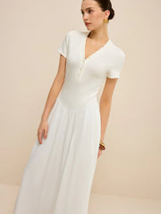 Button-Placket V-Neck Maxi Dress